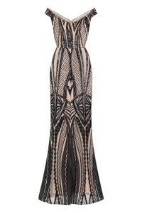 NAZZ COLLECTION LOVE AFFAIR LUXE BLACK NUDE ILLUSION SEQUIN BARDOT MERMAID MAXI DRESS