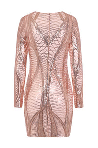 NAZZ COLLECTION HILTON LUXE ROSE GOLD NUDE CAGE SEQUIN BANDAGE ILLUSION DRESS