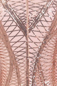 NAZZ COLLECTION HILTON LUXE ROSE GOLD NUDE CAGE SEQUIN BANDAGE ILLUSION DRESS