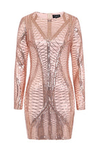 Load image into Gallery viewer, NAZZ COLLECTION HILTON LUXE ROSE GOLD NUDE CAGE SEQUIN BANDAGE ILLUSION DRESS