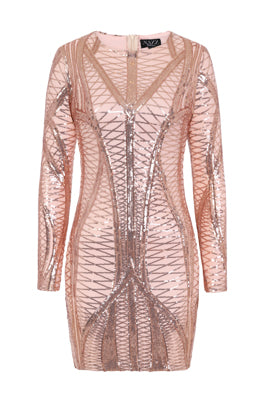 NAZZ COLLECTION HILTON LUXE ROSE GOLD NUDE CAGE SEQUIN BANDAGE ILLUSION DRESS