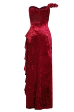 Load image into Gallery viewer, NAZZ COLLECTION SECRET ROMANCE LUXE BERRY VELVET RUFFLE THIGH SLIT MAXI DRESS
