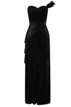 Load image into Gallery viewer, NAZZ COLLECTION SECRET ROMANCE LUXE BLACK VELVET RUFFLE THIGH SLIT MAXI DRESS