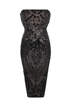 Load image into Gallery viewer, NAZZ COLLECTION CHIC LUXE BLACK NUDE STRAPLESS SEQUIN ILLUSION MIDI PENCIL DRESS